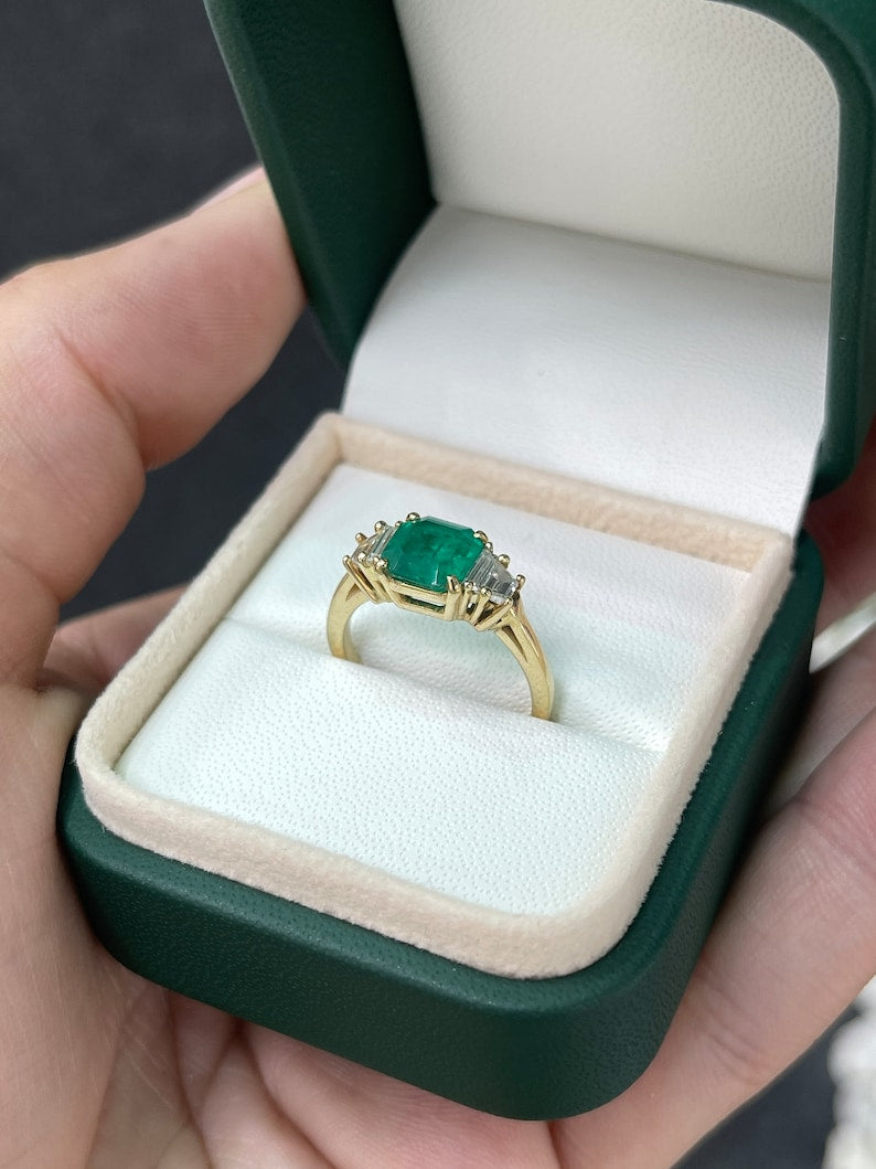 1.95tcw 18K Gold 5 Stone Classic Emerald & Diamond Engagement Ring