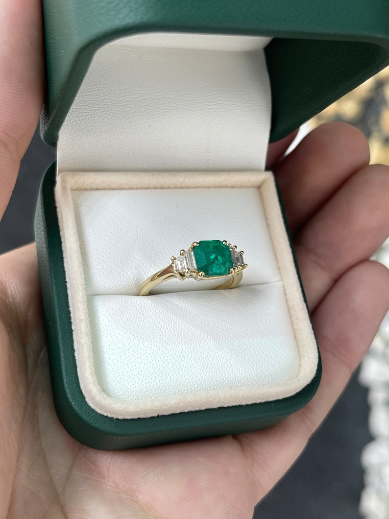 1.95tcw 18K Gold 5 Stone Emerald & Diamond Engagement Ring A Classic Beauty