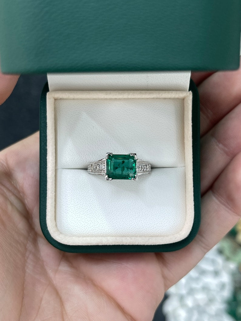 2.89tcw 14K White Gold 585 Rich Dark Alpine Green Emerald Cut & Diamond Accent Engagement Ring - JR Colombian Emeralds