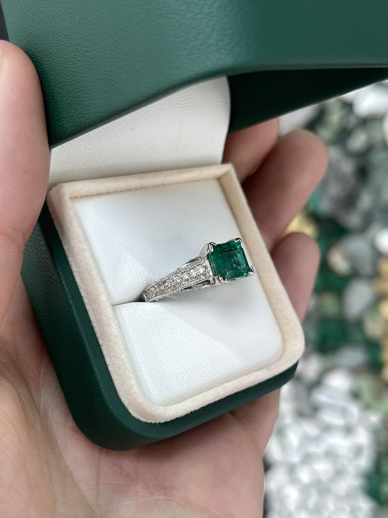 2.89tcw 14K White Gold 585 Rich Dark Alpine Green Emerald Cut & Diamond Accent Engagement Ring - JR Colombian Emeralds