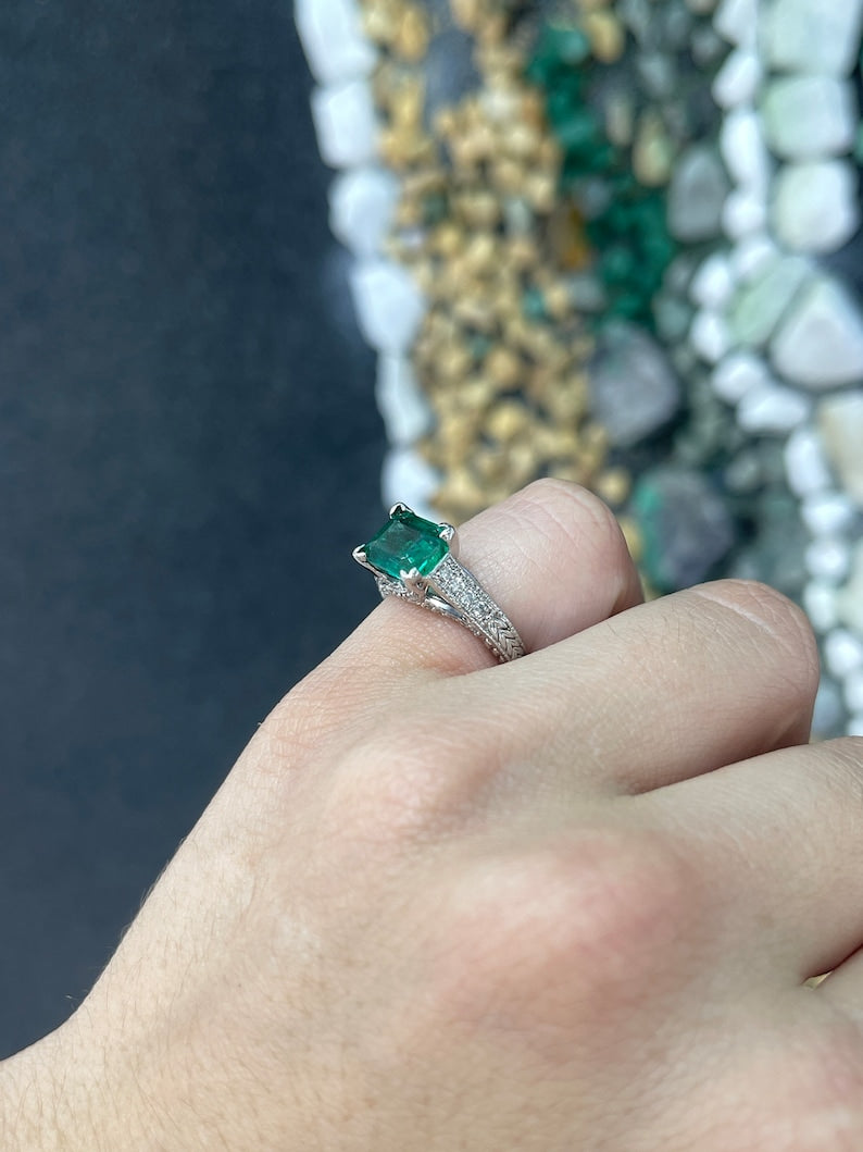 Engagement Ring in 14K White Gold with 2.89tcw Emerald Cut Alpine Green Gemstone & Diamond Details