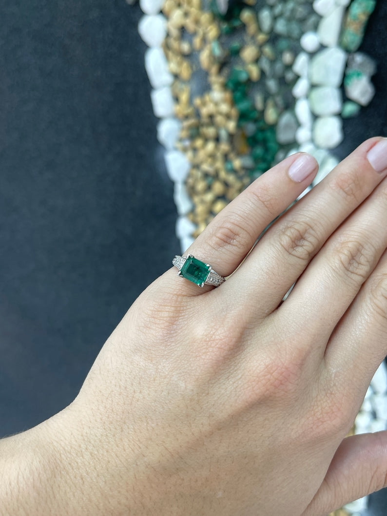 Exquisite 14K White Gold Ring: 2.89tcw Rich Dark Alpine Green Emerald Cut, Accented with Diamonds for Engagement