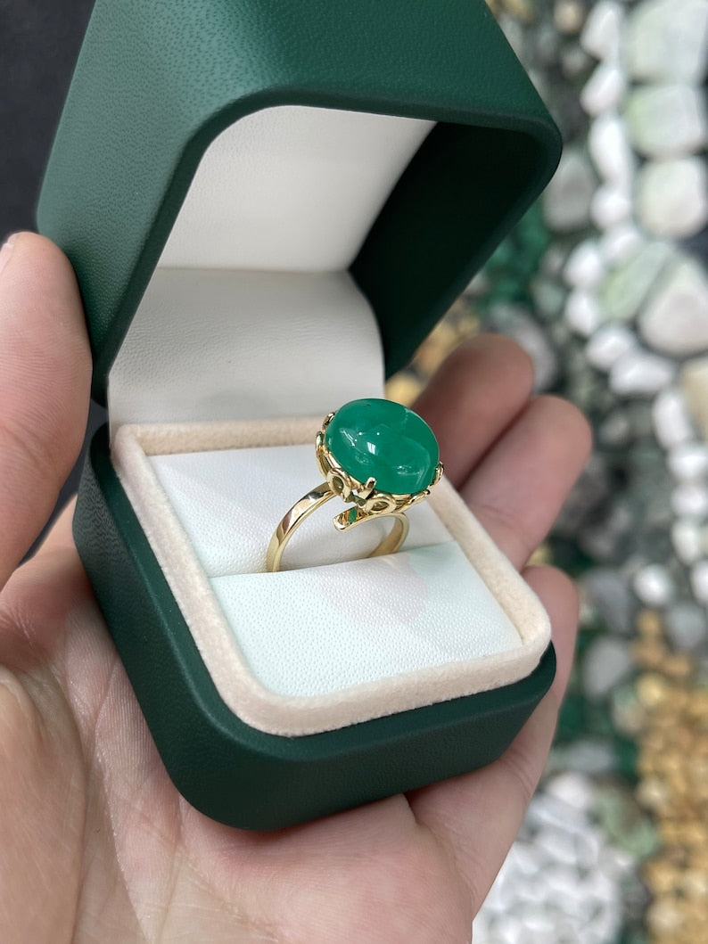 10.30ct 14K 585 Gold Round Cabochon Cut Emerald Solitaire Medium Dark Green Vintage Floral Ring - JR Colombian Emeralds