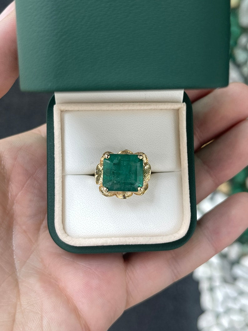 12.76ct 14K Gold Massive Emerald Cut Lush Dark Green Solitaire Floral 4 Prong Statement Ring - JR Colombian Emeralds