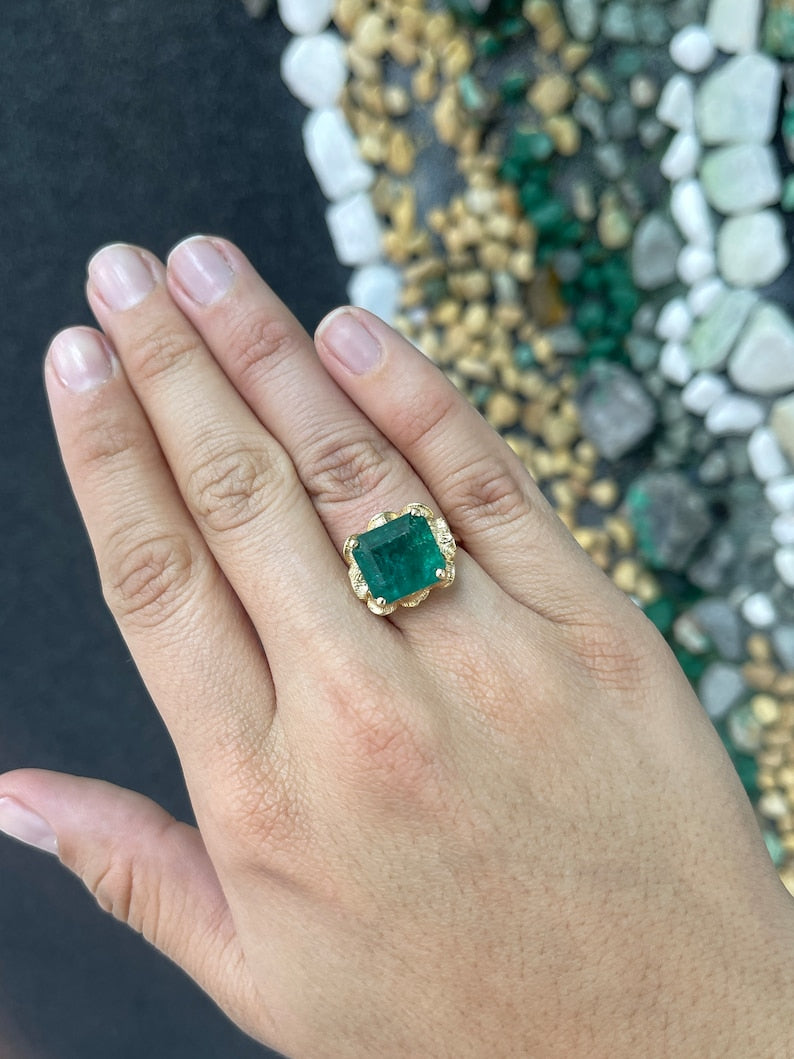 Bold 4-Prong Statement Ring Featuring a 12.76ct Emerald Cut Dark Green Jewel