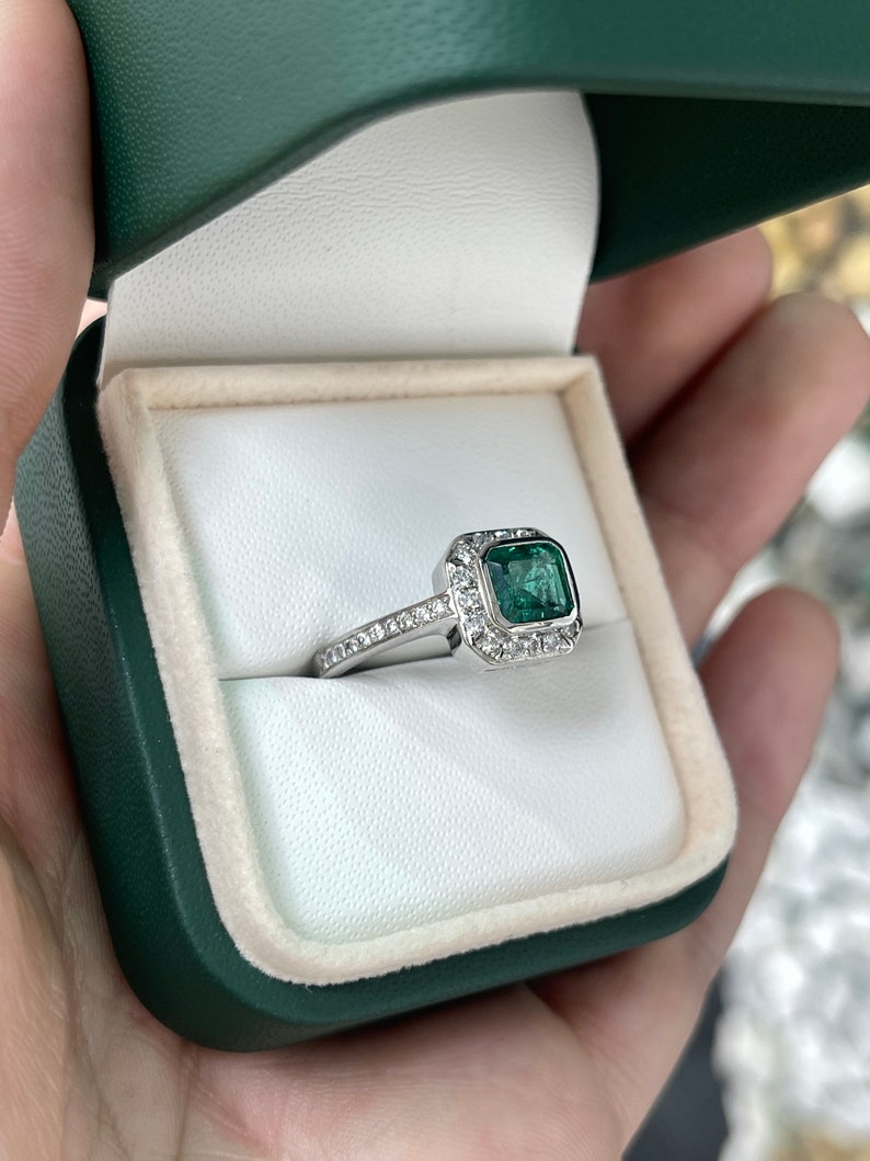 1.45tcw Intense Green Emerald & Diamond Halo Shank Engagement Ring 18K - JR Colombian Emeralds