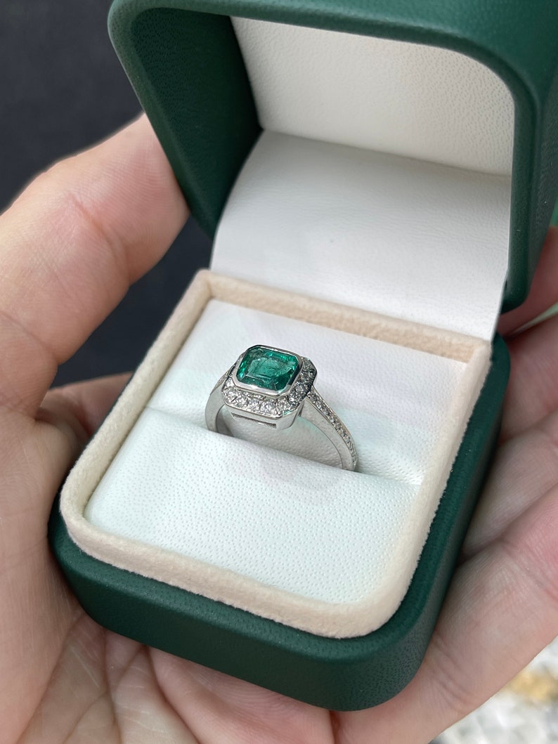 1.45tcw 18K Deep Intense Green Emerald & Diamond Halo Shank White Gold 750 Right Hand Engagement Ring