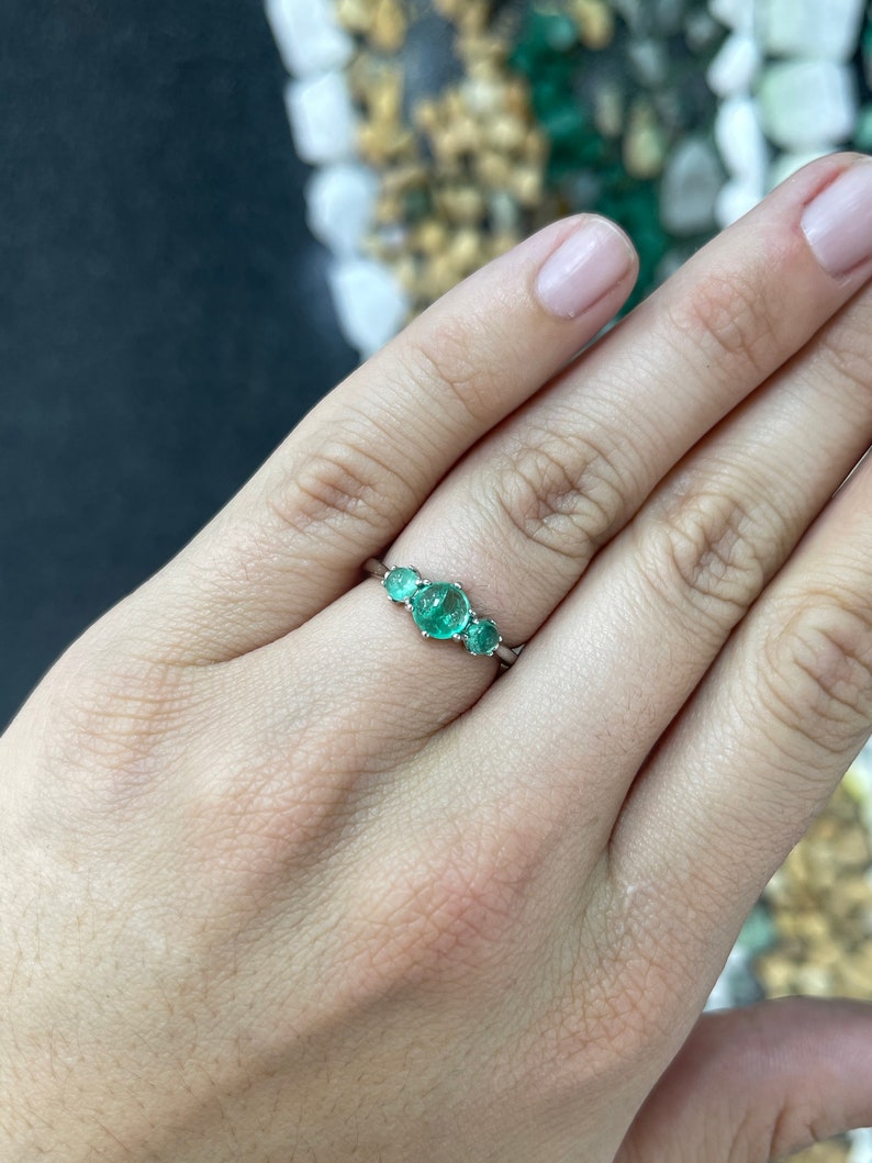 1.30tcw 14K Gold Round Cabochon Cut Emerald 6 Prong 3 Stone Trilogy Statement Ring - JR Colombian Emeralds