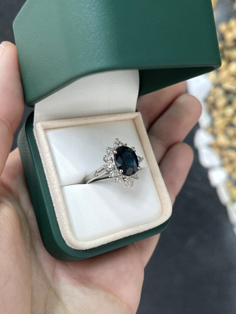 4.11tcw 18K 750 White Gold Natural Large Oval Cut Dark Blue Sapphire & Diamond Halo Ring