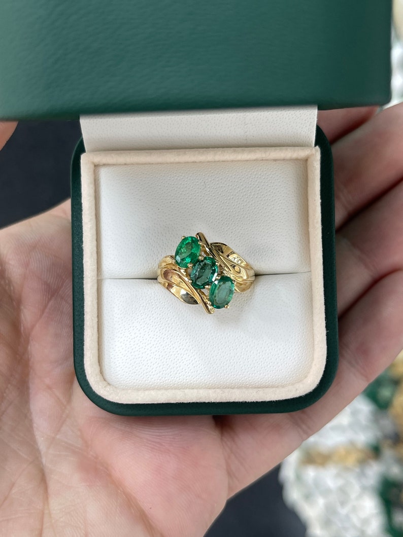 1.68tcw 14K Natural Medium Dark Green Oval Cut Vintage Emerald 3 Stone Gold Statement Ring - JR Colombian Emeralds