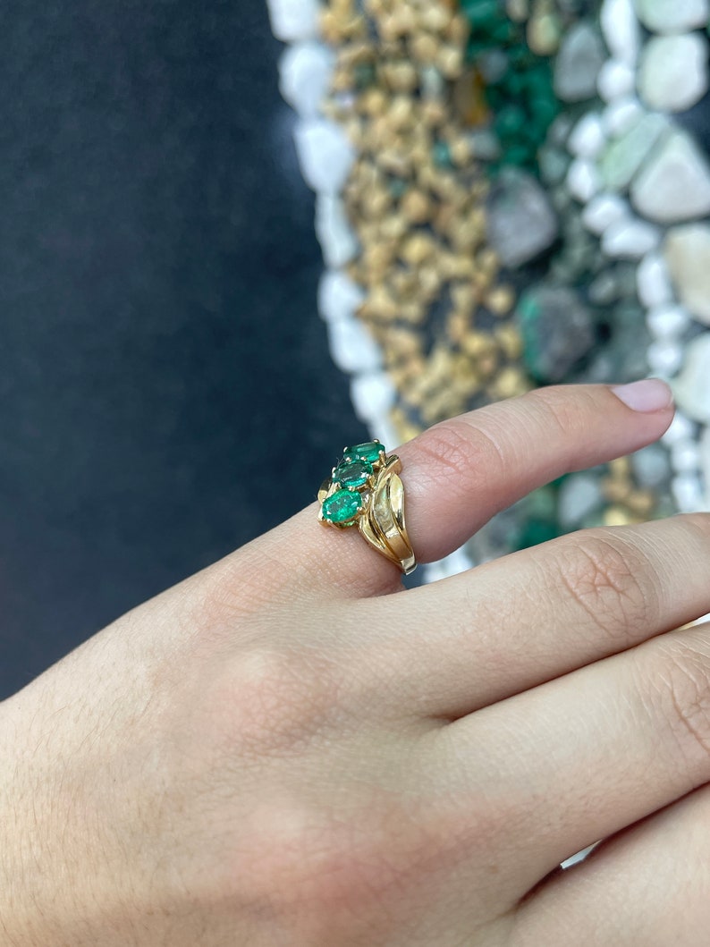 3 Stone Gold Ring with 1.68 Carat Natural Medium Dark Green Emerald - Vintage Elegance