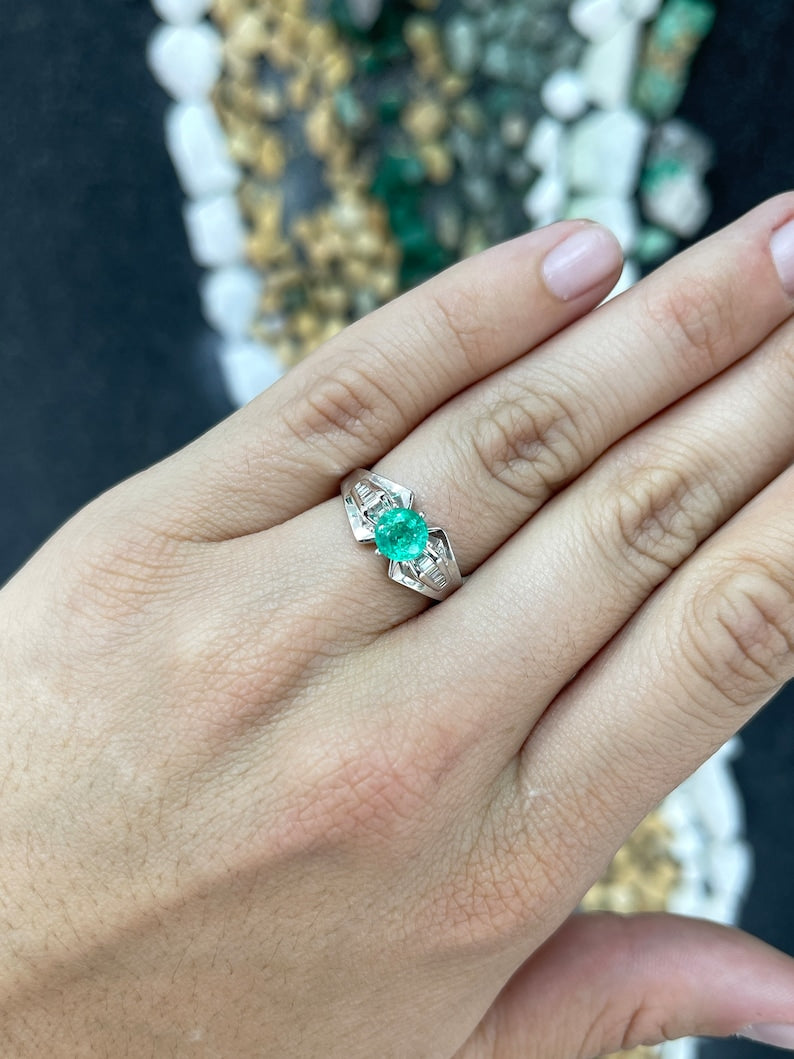 18K White Gold Ring Featuring Round Emerald & Tapered Baguette Diamond Accents - 1.25 Carat Total Weight - 6-Prong Setting