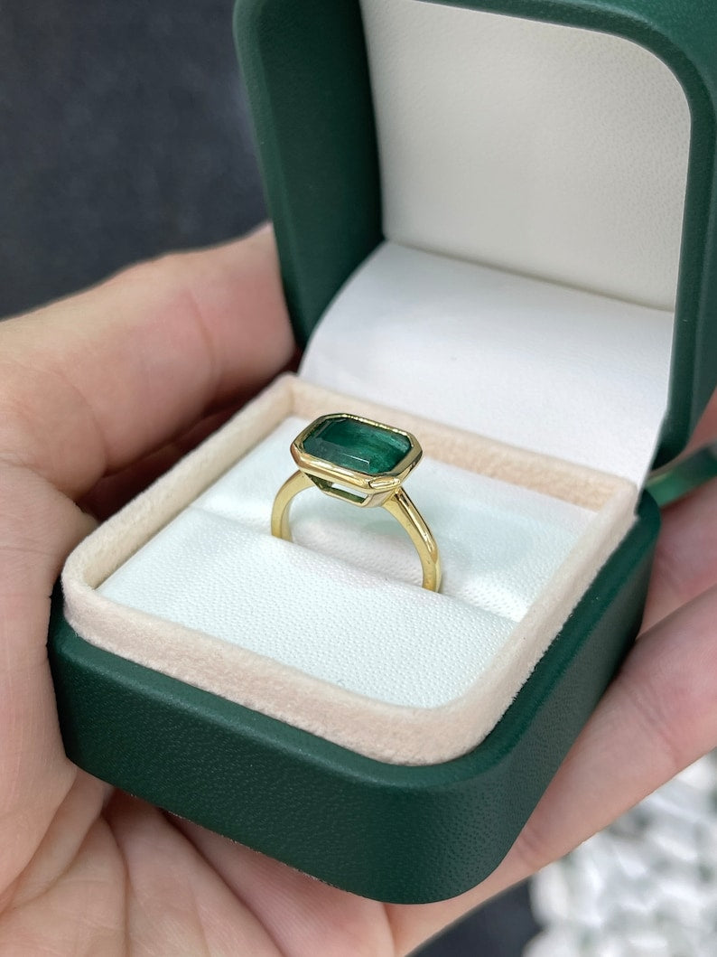 4.28ct 14K Dark Alpine Green Natural Emerald Cut Solitaire Gold Engagement Ring - JR Colombian Emeralds