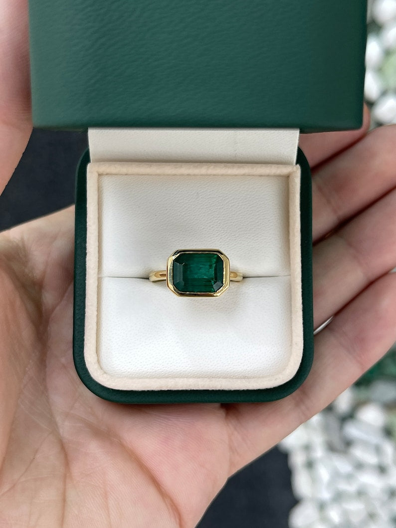 4.28ct 14K Dark Alpine Green Natural Emerald Cut Solitaire Gold Engagement Ring - JR Colombian Emeralds