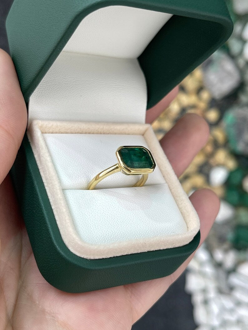 4.28ct 14K Dark Alpine Green Natural Emerald Cut Solitaire Gold Engagement Ring - JR Colombian Emeralds