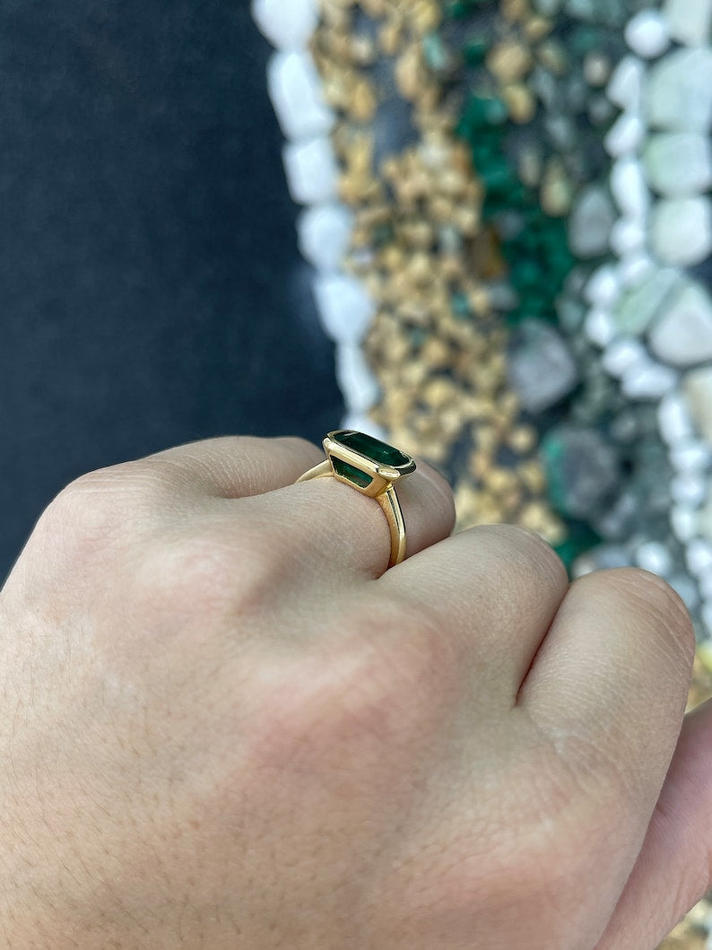 4.28ct 14K Dark Alpine Green Natural Emerald Cut Solitaire Gold Engagement Ring