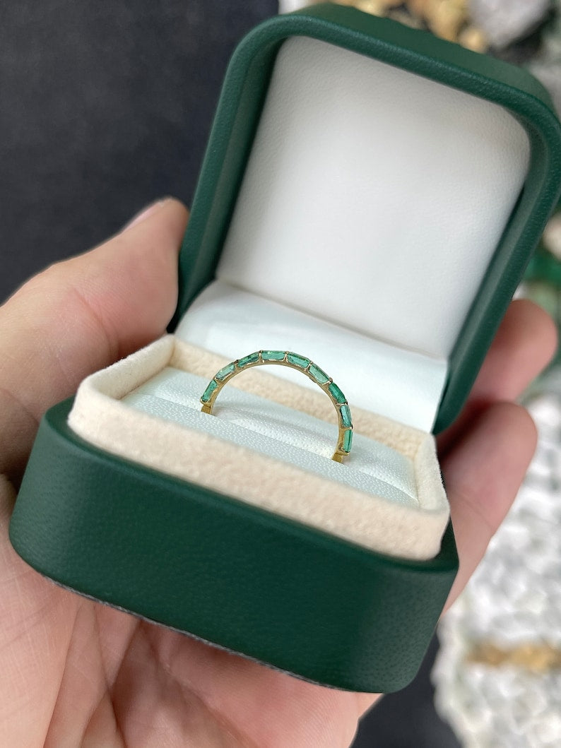 0.90tcw 14K Gold Emerald Baguette Cut Medium Spring Green Engagement Band Ring - JR Colombian Emeralds