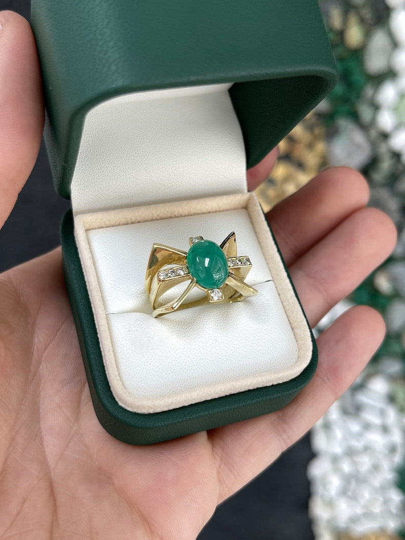 5.12tcw 14K Natural Green Cabochon Cut Emerald & Diamond Accent Gold Star Styled Statement Ring - JR Colombian Emeralds