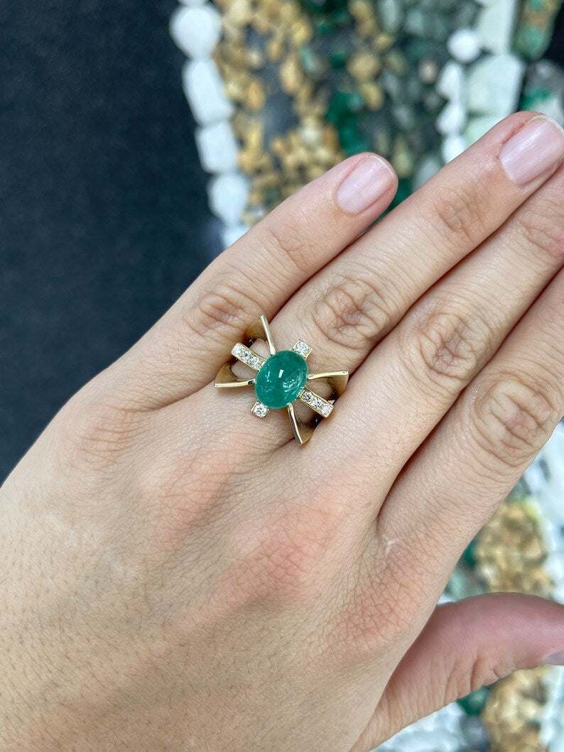 Gold Star Styled Statement Ring with 5.12tcw Natural Green Cabochon Cut Emerald and Diamond Accent in 14K Gold
