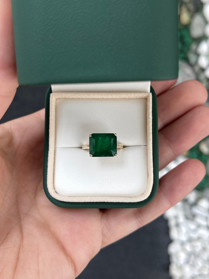 6.28ct 14K Gold Dark Green East to West Emerald Cut Solitaire Engagement Ring - JR Colombian Emeralds