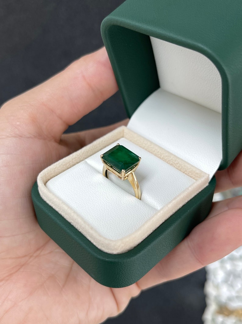 6.28ct 14K Gold Dark Green East to West Emerald Cut Solitaire Engagement Ring - JR Colombian Emeralds