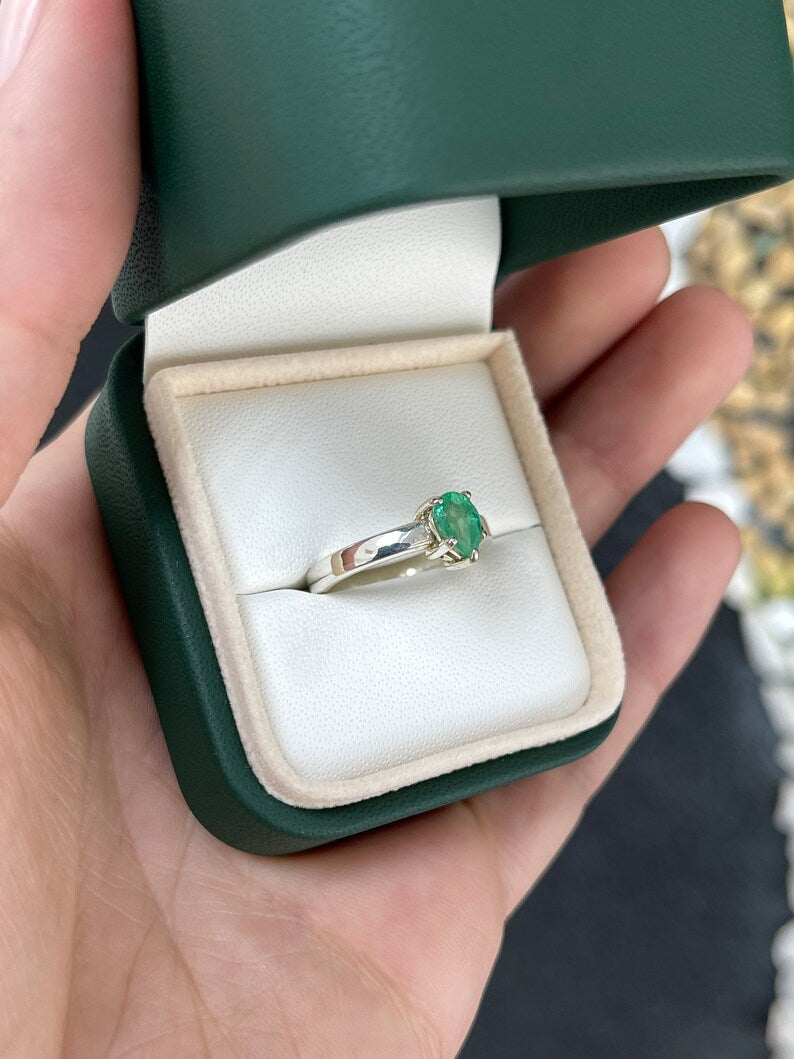 0.80ct Solitaire 925 Emerald Pear Cut 5 Prong Sterling Silver Ring - JR Colombian Emeralds