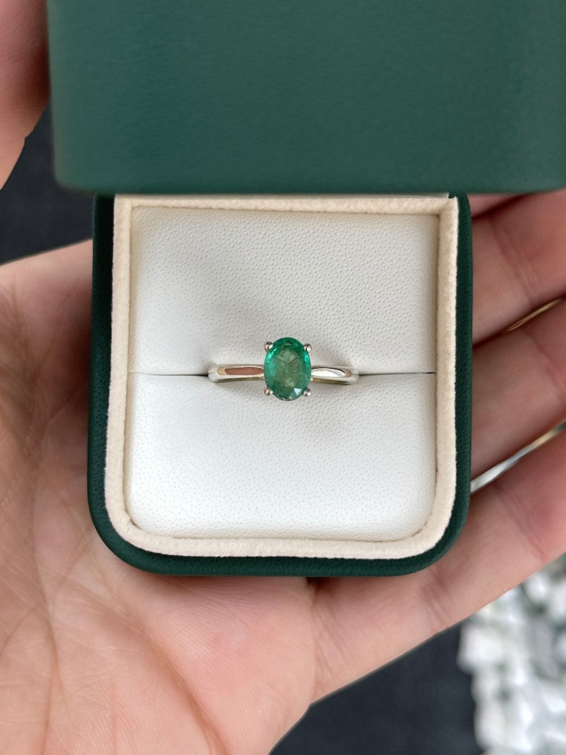 1.0ct SS Natural Medium Dark Green Emerald Oval Cut Sterling Silver 4 Prong Solitaire Ring - JR Colombian Emeralds