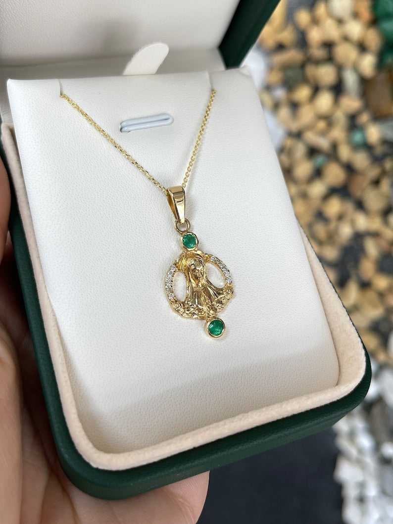 Virgin Mary Pendant with Vibrant Green Emerald and Diamonds - 18K Yellow Gold, 0.52 Total Carat Weight