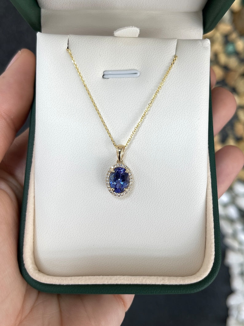 Intense Purple Tanzanite and Diamond Halo Necklace - 70 Carat Total Weight in 14K Gold