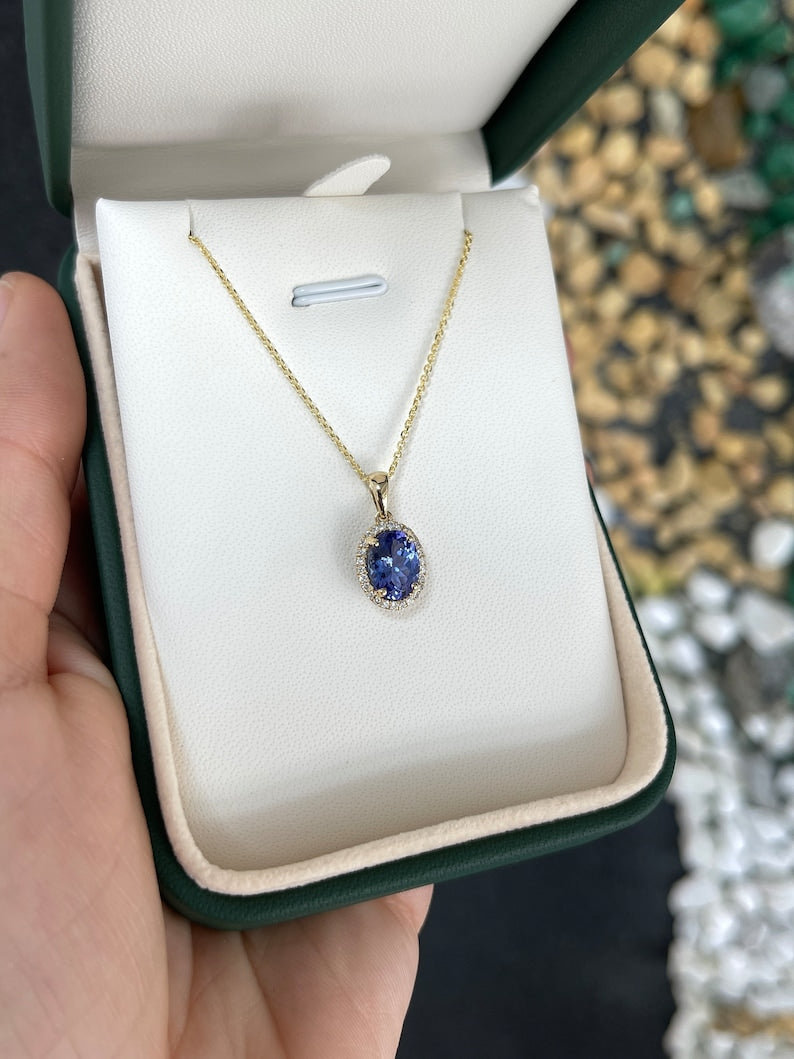 1.70tcw 14K 585 Gold Intense Purple Oval Cut Tanzanite & Diamond Halo Pendant Necklace - JR Colombian Emeralds