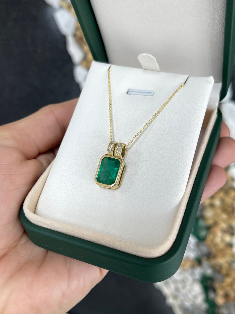 18K Gold Pendant with Split Bale Featuring a 4.69 Carat Total Weight Natural Dark Green Emerald and Pave Diamond Accents