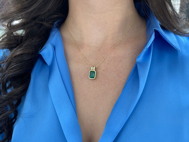 4.69tcw 18K Natural Dark Rich Green Emerald Bezel Set in Gold Split Bale with Pave Diamond Accent Pendant