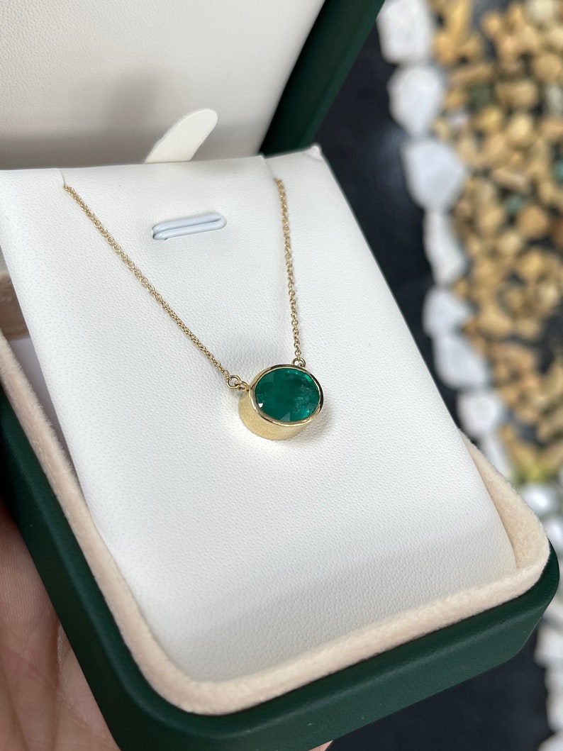 Stunning 3.20 Carat Deep Green Oval Cut Emerald Pendant on a 14K Necklace