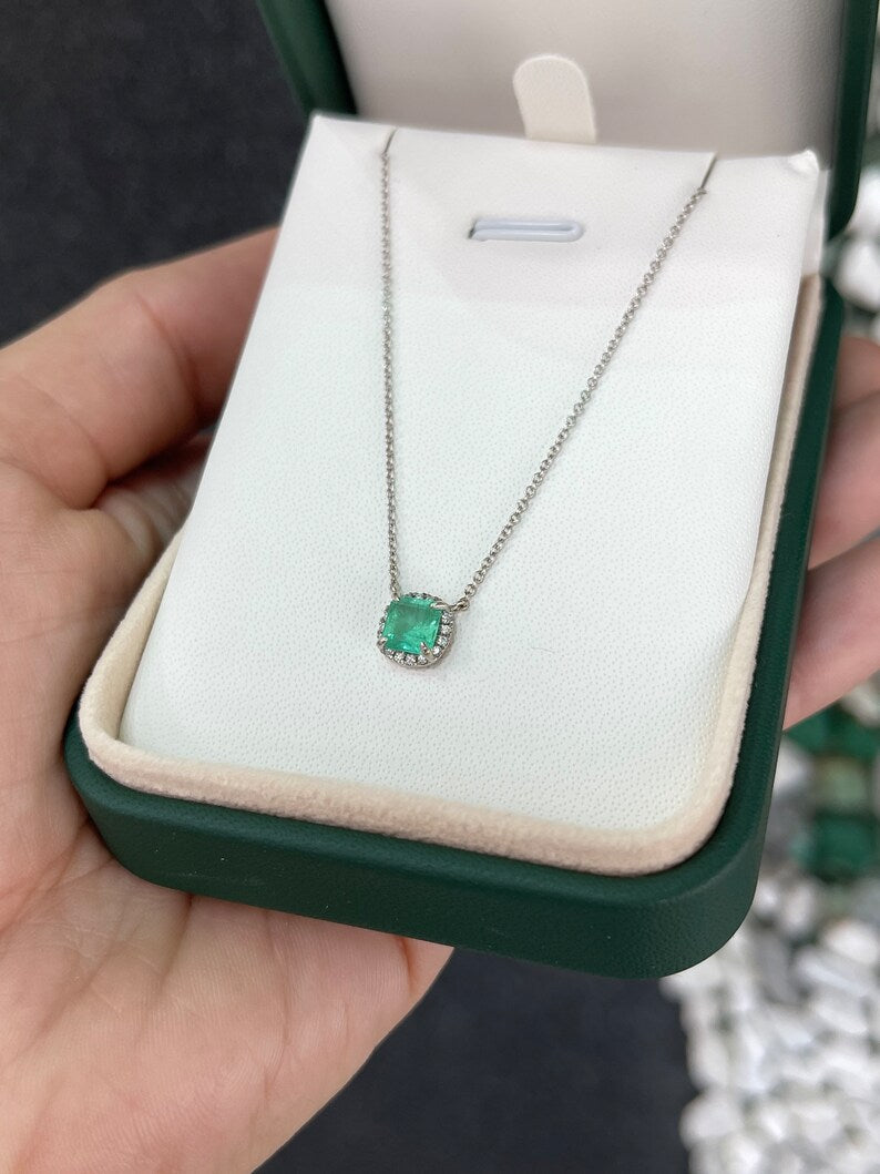 Light Medium Green Asscher Cut Emerald & Diamond Necklace with Adjustable Halo, Totaling 1.03tcw