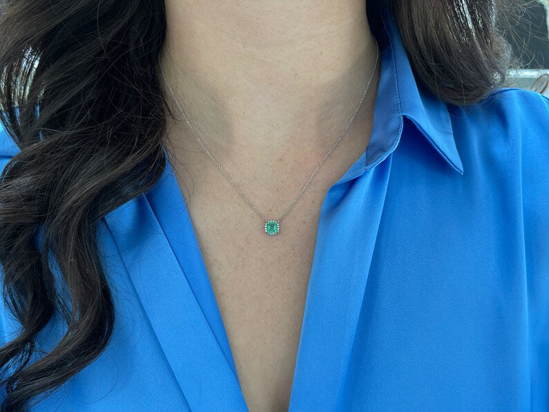 1.03tcw Light Medium Green Asscher Cut Emerald & Diamond Adjustable Halo Necklace