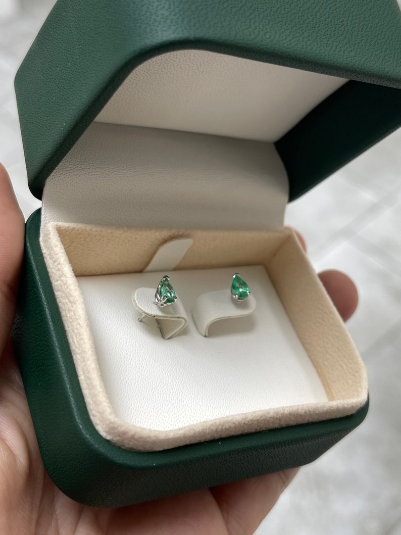 0.70tcw 14K White Gold Light Spring Green Pear Cut Emerald 3 Prong Stud Earrings - JR Colombian Emeralds