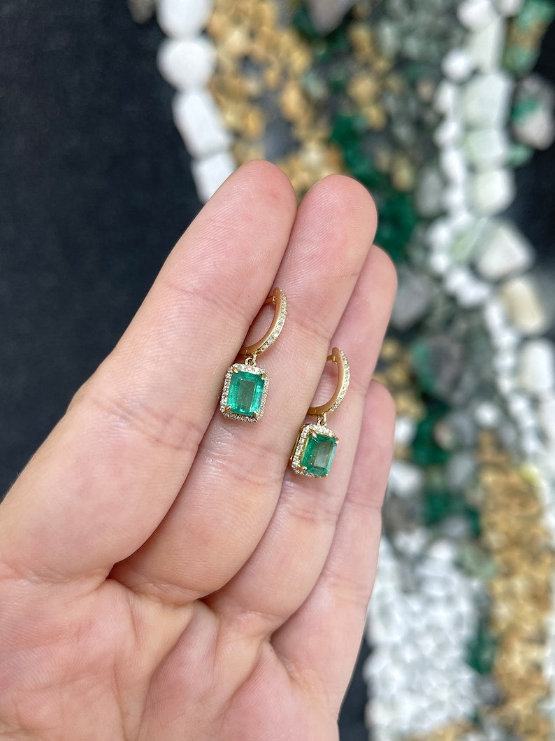 2.63tcw 14K Gold Green North South Emerald & Diamond Halo Dangle Earrings