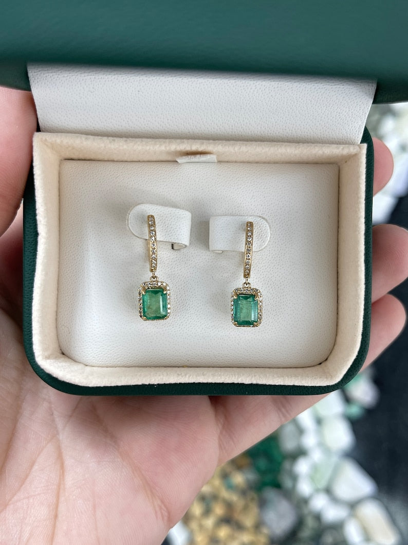Elegant 14K Gold Earrings Featuring 2.63tcw Green Emeralds and Diamonds in a Halo Design