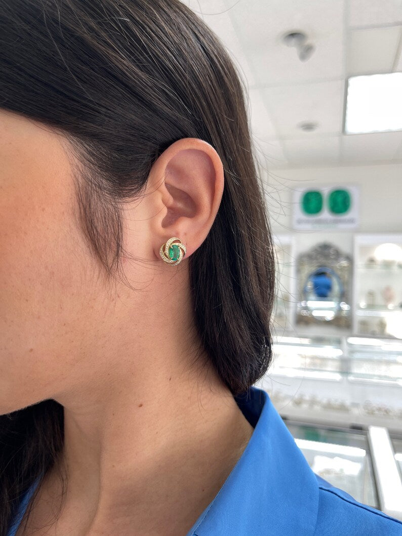 14K Gold Earrings Featuring 2.31tcw Oval Cut Emerald & Diamond Halo in Medium Dark Green