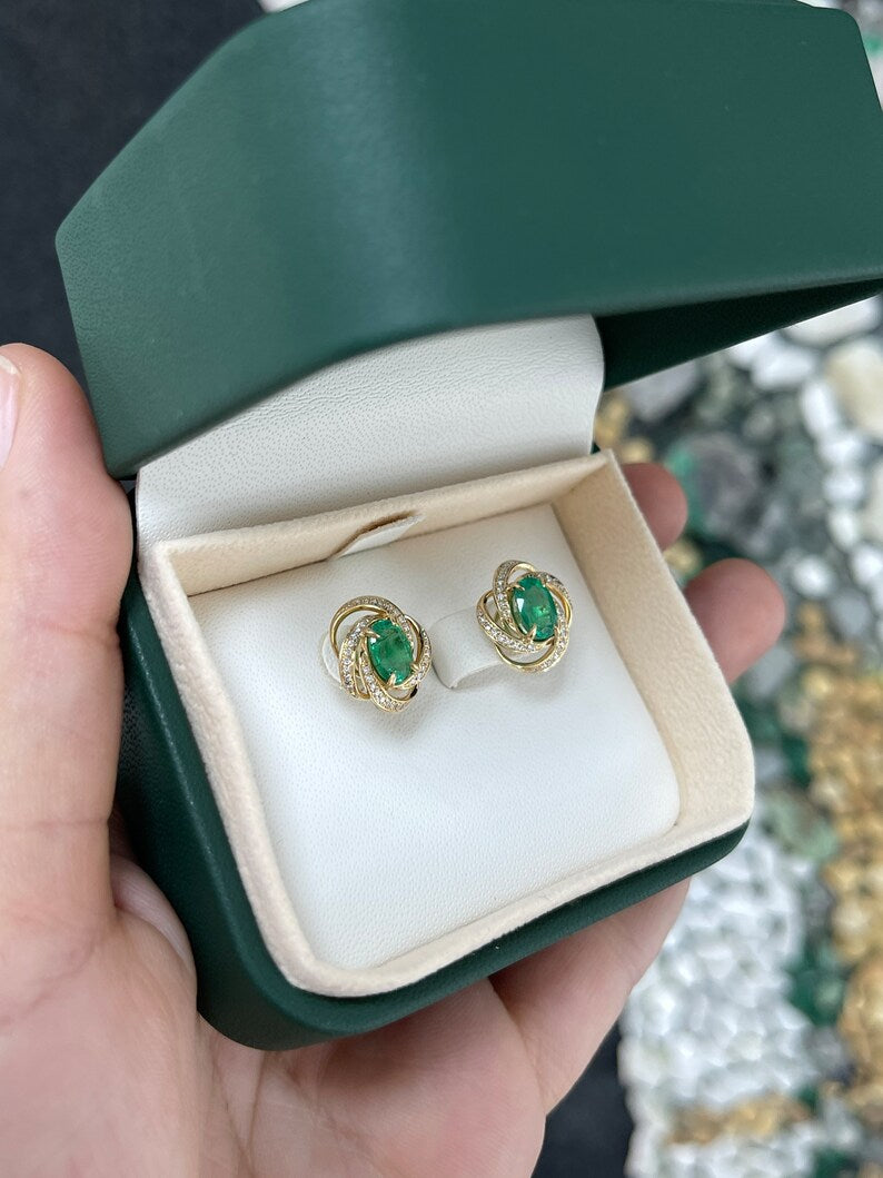 2.31tcw 14K Gold Medium Dark Green Oval Cut Emerald & Diamond Accent Whirl Halo Earrings - JR Colombian Emeralds