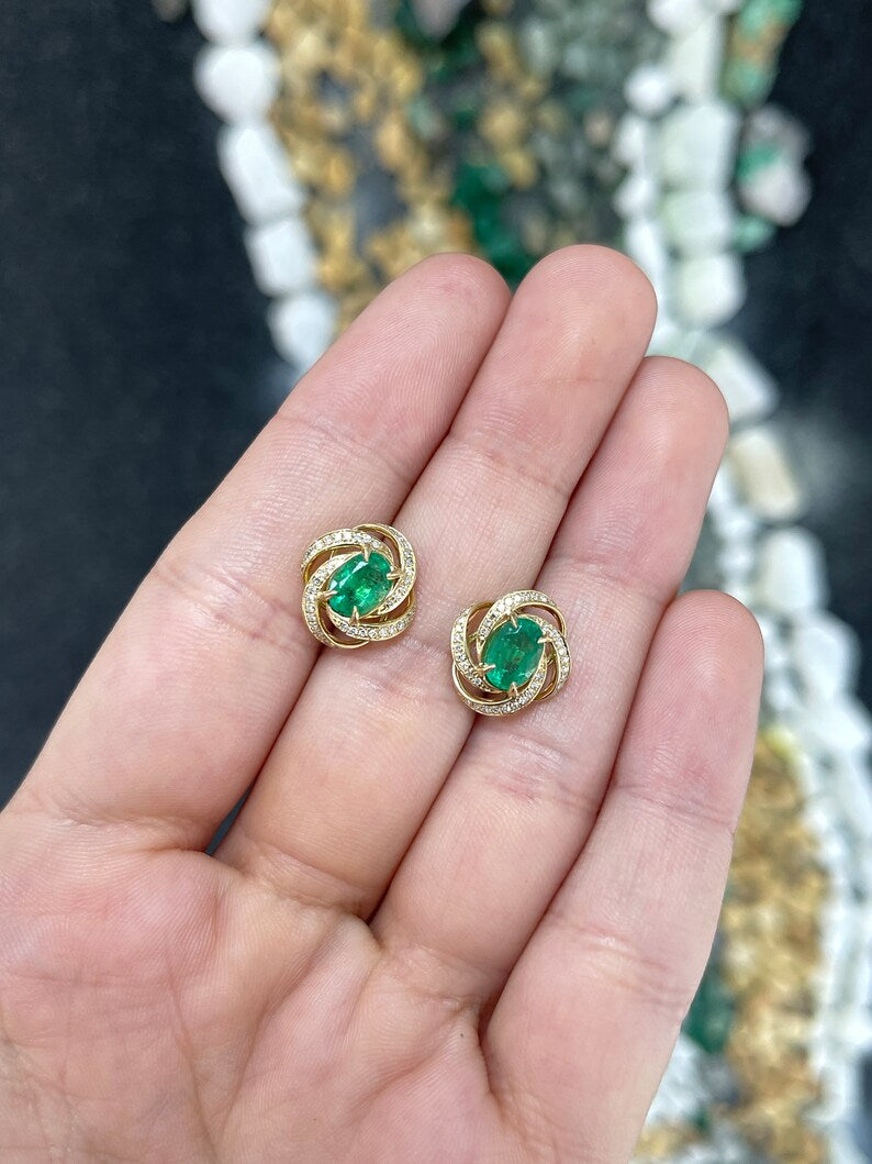 2.31tcw 14K Gold Medium Dark Green Oval Cut Emerald & Diamond Accent Whirl Halo Earrings - JR Colombian Emeralds