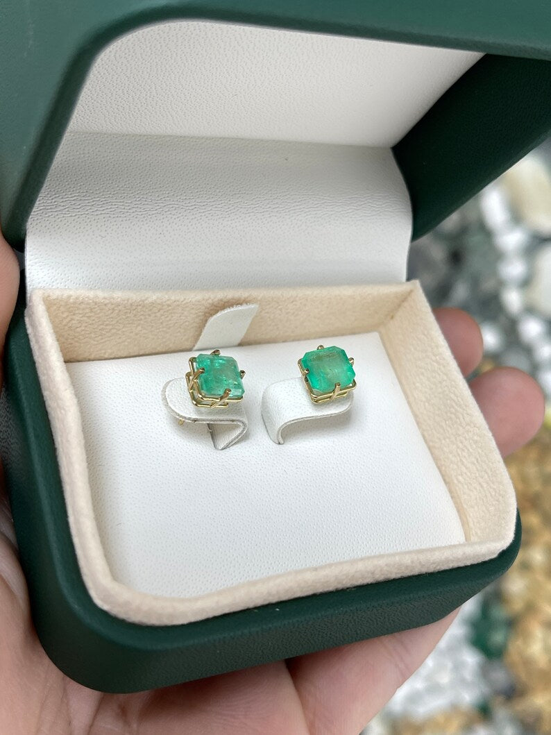 3.99tcw 14K Asscher Cut 4 Prong Medium Green Emerald Unisex Stud Earrings - JR Colombian Emeralds