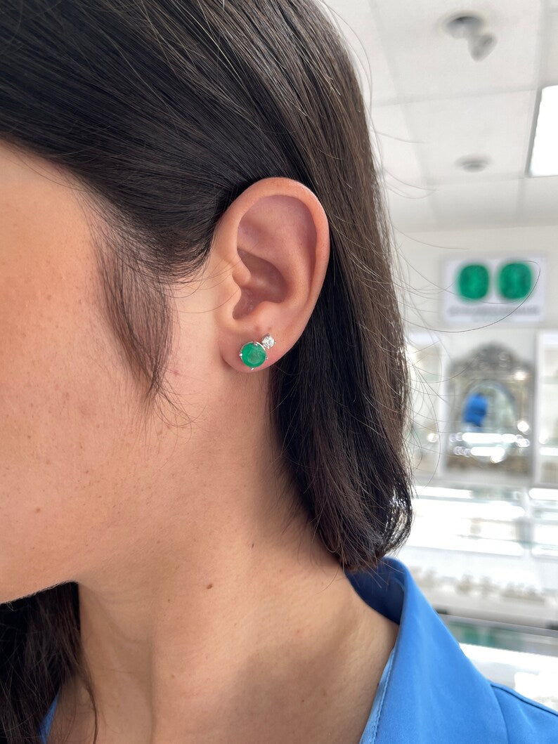 Round Cut Emerald and Diamond Accent Earrings in 14K White Gold - Rich Green Beauty (3.50 Total Carat Weight)