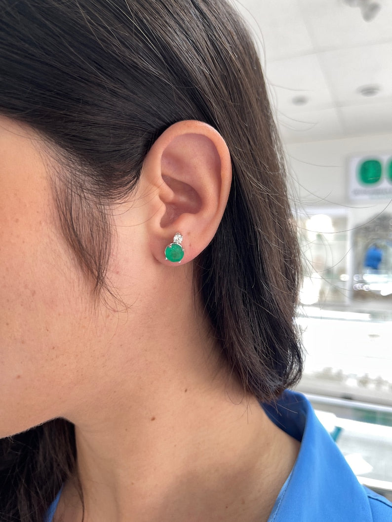 14K White Gold Stud Earrings with Lustrous Green Emeralds and Sparkling Diamond Accents (3.50 TCW)
