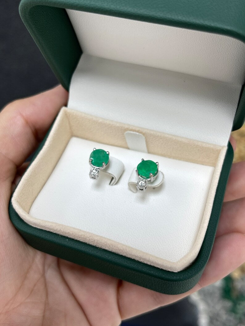 3.50tcw 14K White Gold Lustrous Rich Green Round Cut Emerald & Diamond Accent Stud Earrings - JR Colombian Emeralds