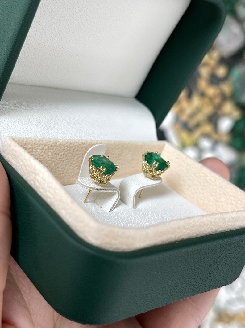 Elegant 14K Gold Floral Prong Stud Earrings with Medium Dark Green Oval Cut Stones, 3.43 Total Carat Weight