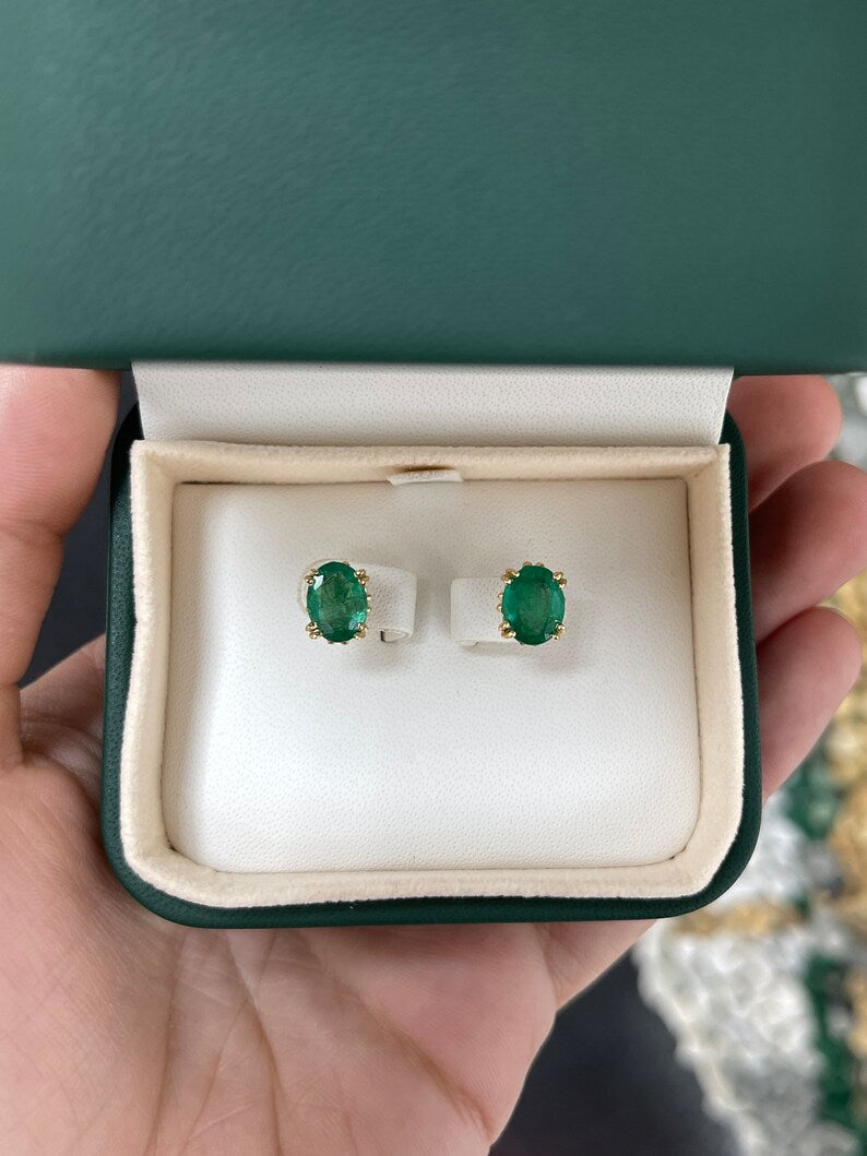 Stunning 14K Gold Fleur De Lis Prong Earrings Featuring 3.43tcw Medium Dark Green Oval Gems
