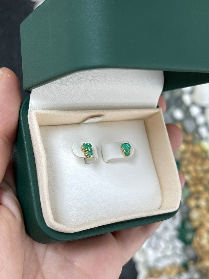 Petite Green Emerald Stud Earrings - 0.45ctw in 14K Yellow Gold, Natural Oval and Round Stones
