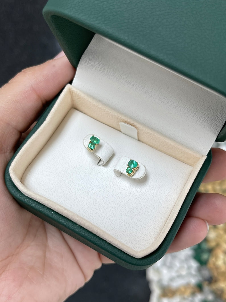 0.45tcw 14K Natural Petite Green Oval & Round Cut Emerald Stud Earrings - JR Colombian Emeralds