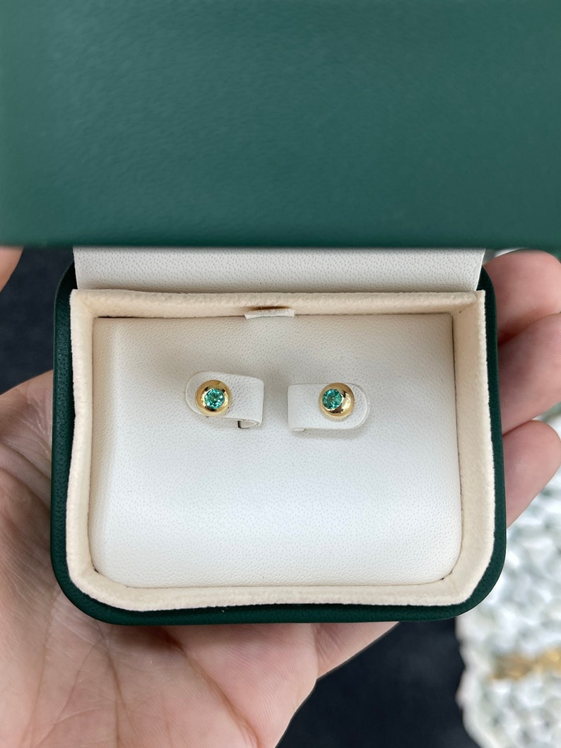 3.5mm Domed Round Cut Emerald Baby Gold Earrings - 0.40tcw